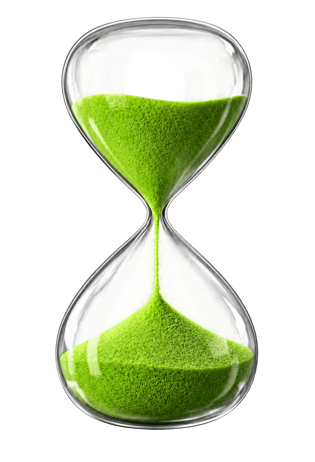 Glass hourglass with falling bright green sand